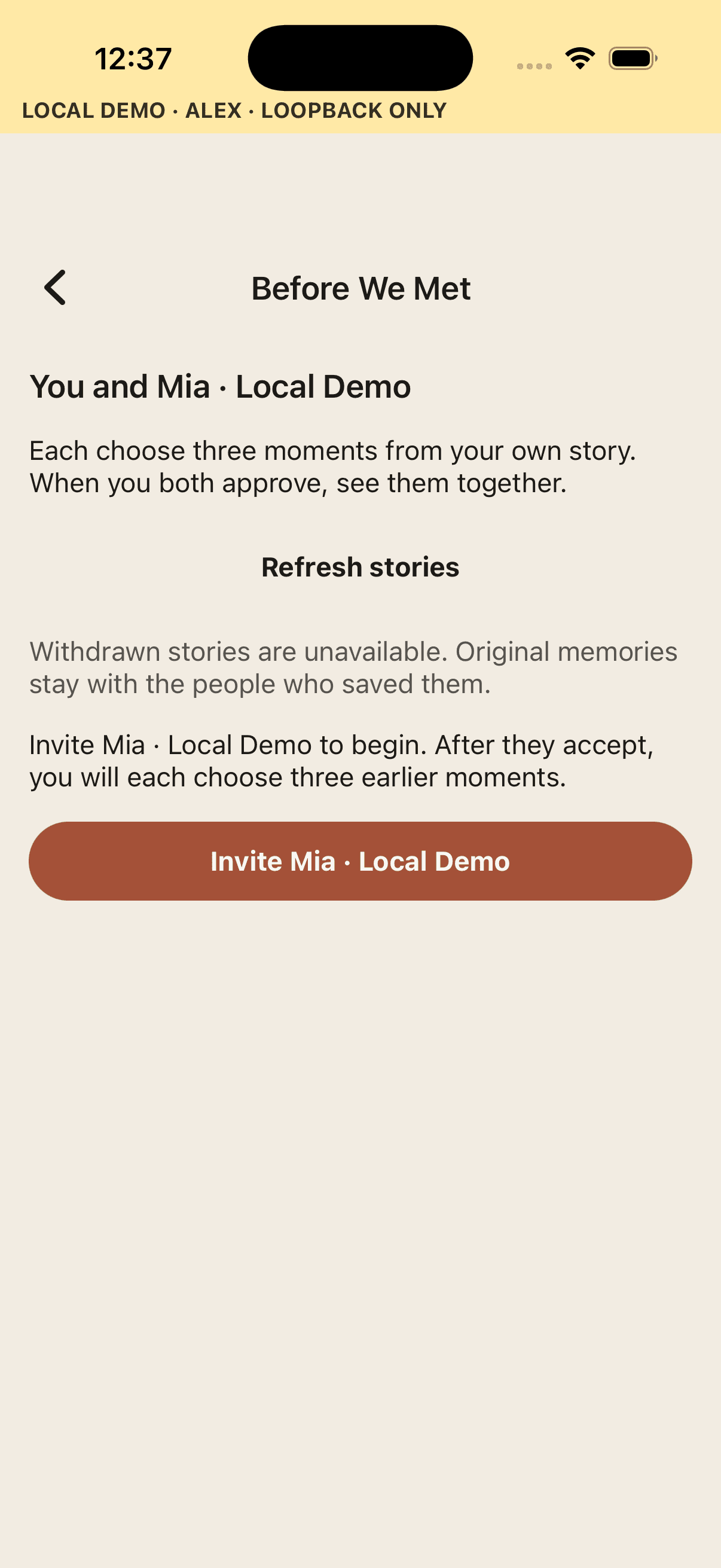 Before We Met screen inviting one connected friend to begin a private story