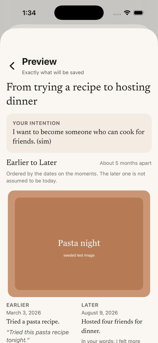 Chapter preview showing the exact intention and selected moments before save
